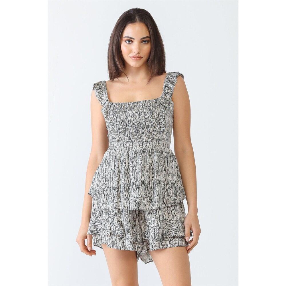 Anthropologie Mable Romper Size L Black Cream Smocked Ruffle Strap Open Back Bow - Picture 2 of 14